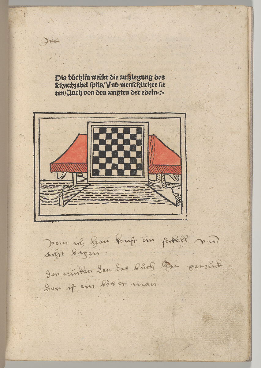 The Book of Chess, Jacobus de Cessolis (Italian, active 1288–1322), Woodcuts with letterpress, touches of watercolor 
