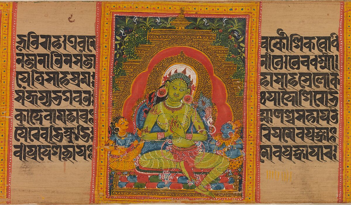 Green Tara, Folio from a dispersed Ashtasahasrika Prajnaparamita (Perfection of Wisdom) Manuscript, Mahavihara Master, Opaque watercolor on palm leaf, India (Bengal) or Bangladesh 