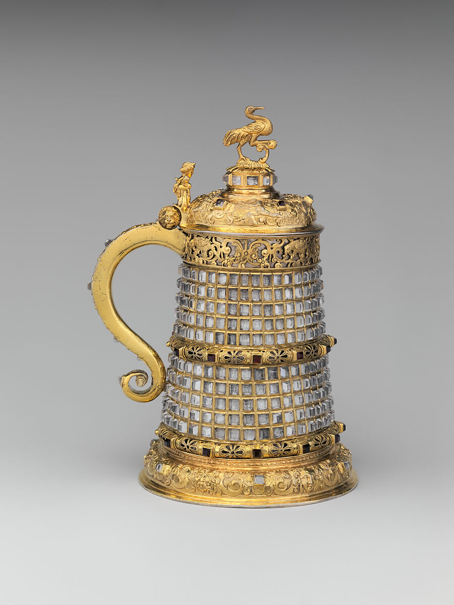 Tankard, Silver: gilded, cast, embossed, engraved, and chased; rock crystal, garnets, Bohemian, Prague (Czech Republic)