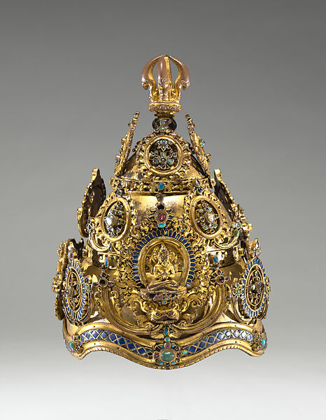 Vajracharya Priest's Crown, Repoussé gilt copper with semiprecious stones, Nepal 