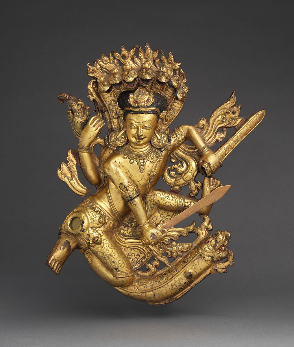 Krishna subduing the Naga Kaliya, Gilt copper repoussé, Nepal 