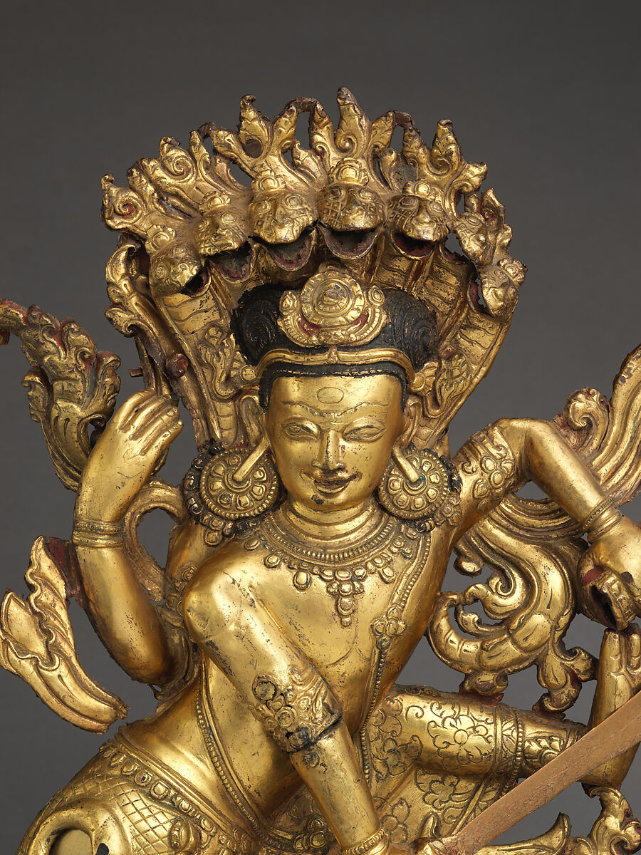 Krishna subduing the Naga Kaliya, Gilt copper repoussé, Nepal