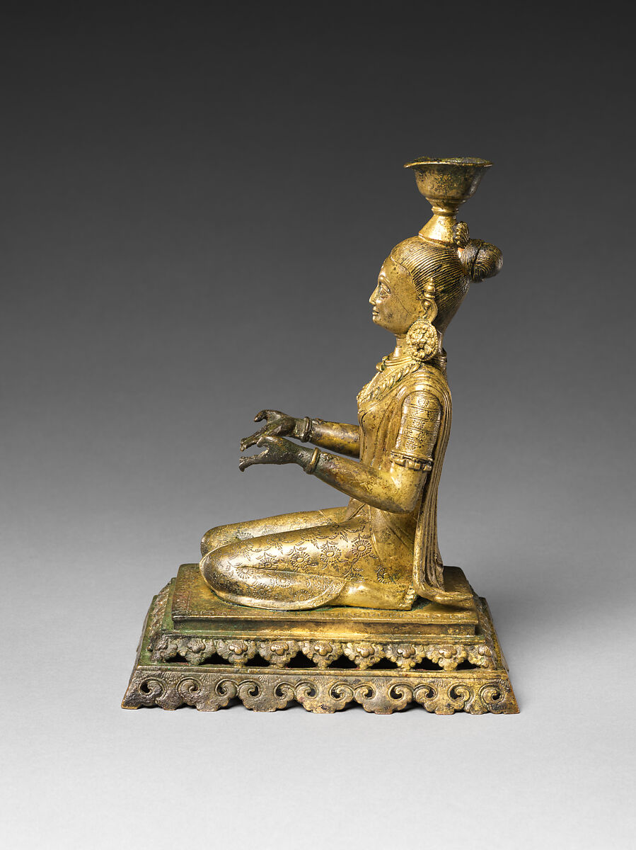 Lamp Bearer, Presumed Portrait of Lady Bharamayi, Gilt-copper alloy, Nepal