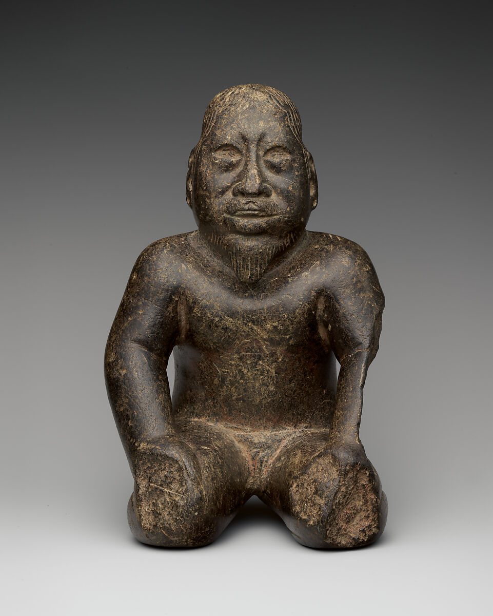 Kneeling Bearded Figure, Serpentine, pigment (probably cinnabar), Olmec 