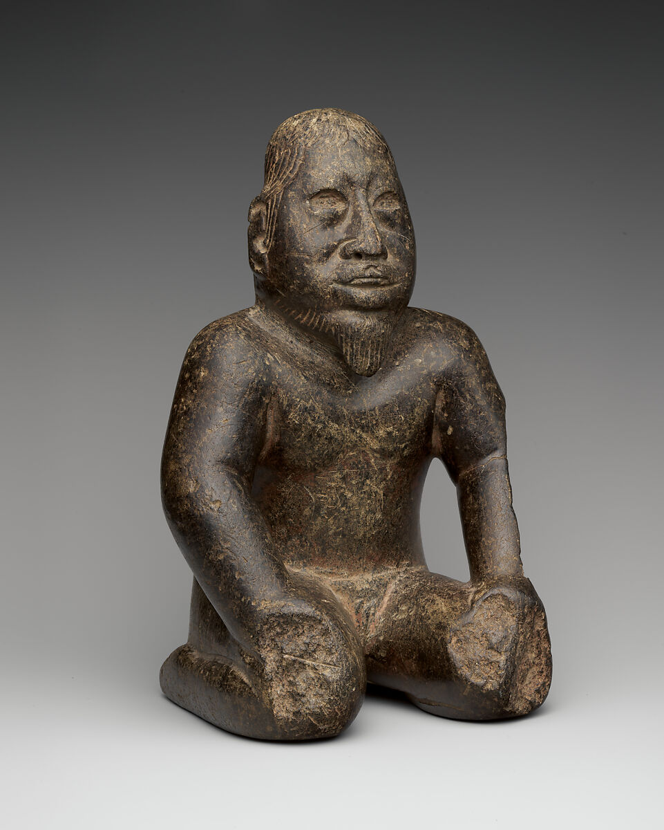 Kneeling bearded figure, Olmec artist(s), Serpentine, pigment, Olmec