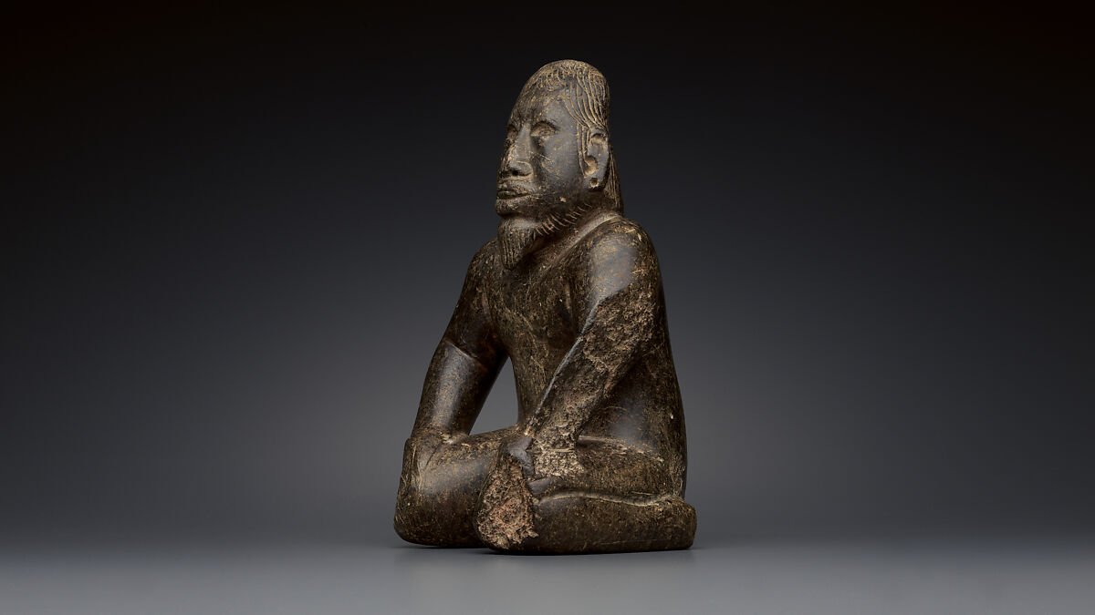 Kneeling bearded figure, Olmec artist(s), Serpentine, pigment, Olmec