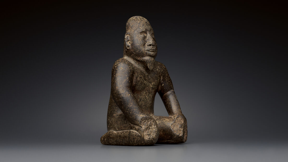 Kneeling bearded figure, Olmec artist(s), Serpentine, pigment, Olmec