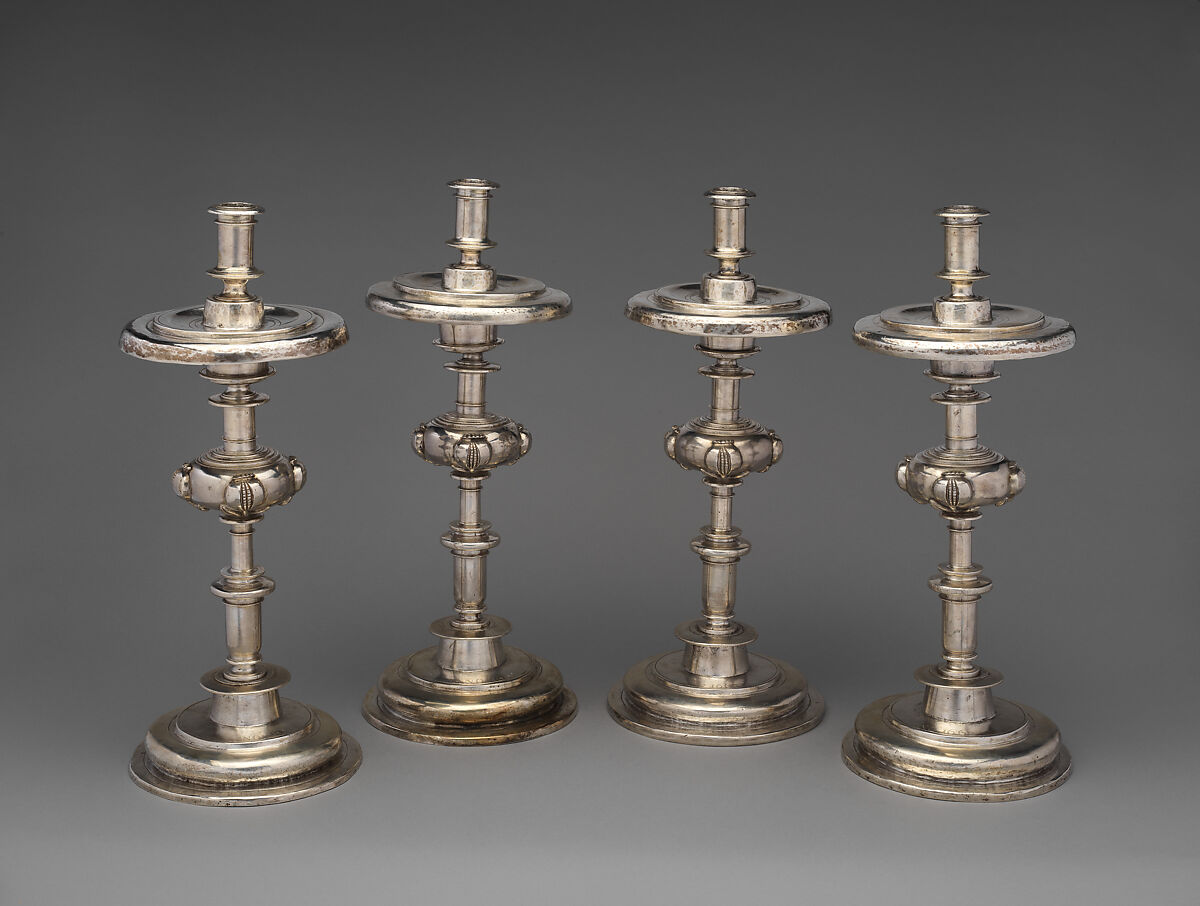 Set of four candlesticks, Silver, chased, engraved, Peruvian 