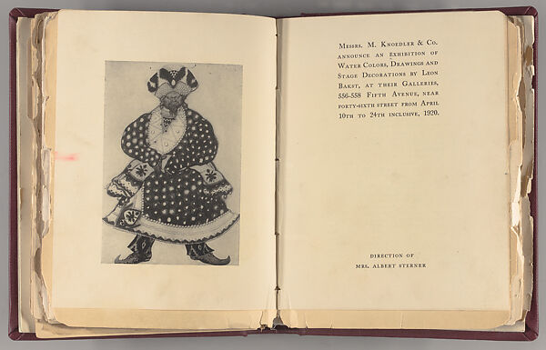 Messrs. M. Knoedler & Co. announce an exhibition of water colors, drawings and stage decorations by Leon Bakst : April 10th to April 24th, inclusive, 1920, Léon Bakst (Russian (born present day Belarus), Hrodna (Grodno) 1866–1924 Paris)