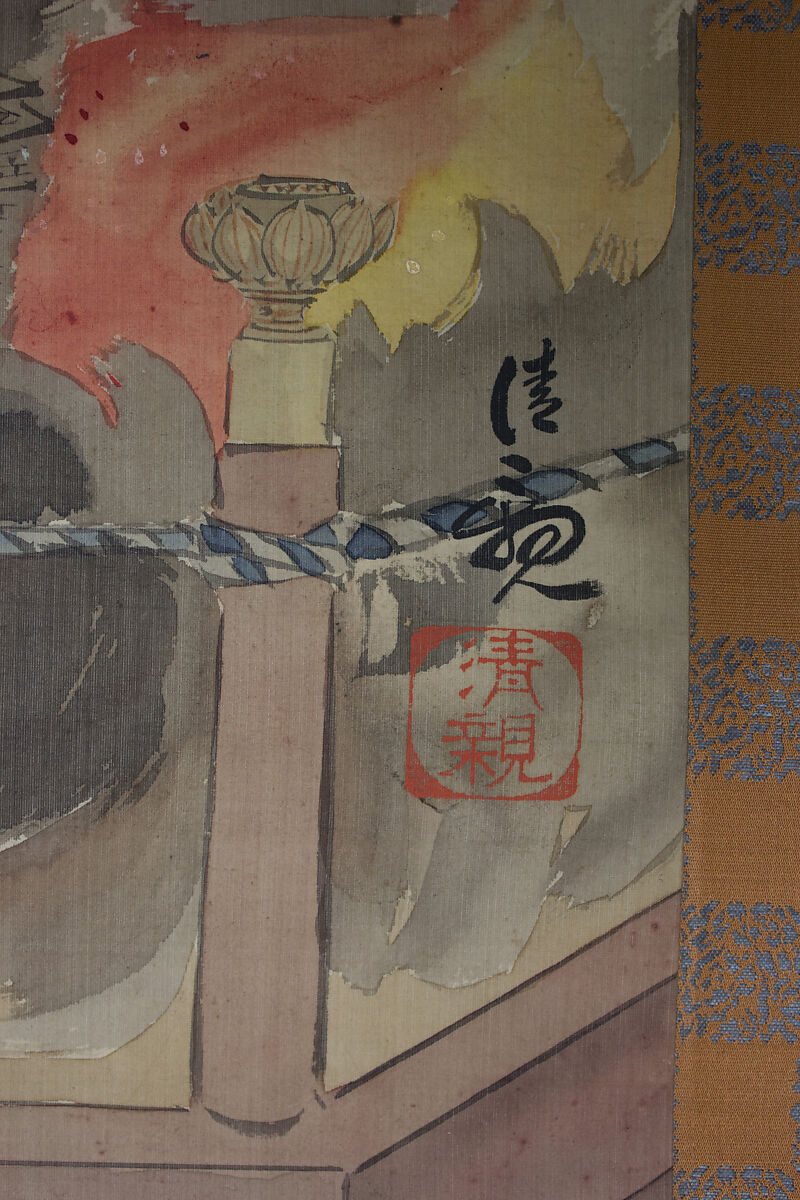 The Fury of Monk Raigō, Kobayashi Kiyochika (Japanese, 1847–1915), Hanging scroll; ink, color, and gold paint on silk, Japan