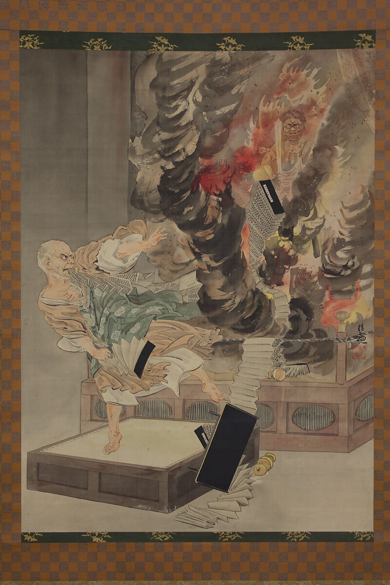The Fury of Monk Raigō, Kobayashi Kiyochika (Japanese, 1847–1915), Hanging scroll; ink, color, and gold paint on silk, Japan