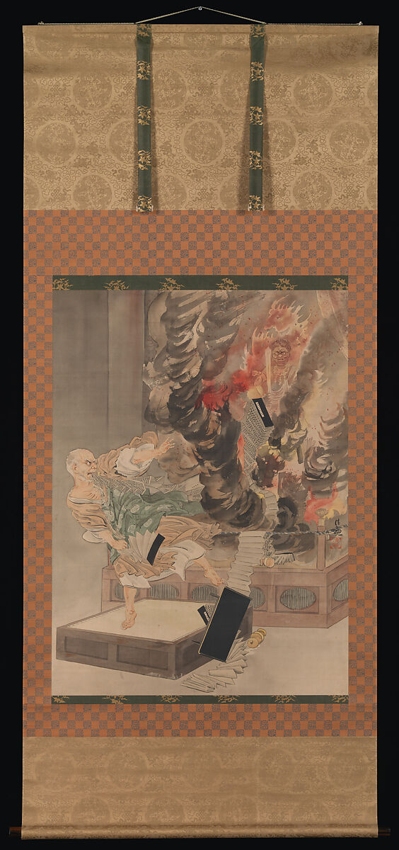 The Fury of Monk Raigō, Kobayashi Kiyochika (Japanese, 1847–1915), Hanging scroll; ink, color, and gold paint on silk, Japan