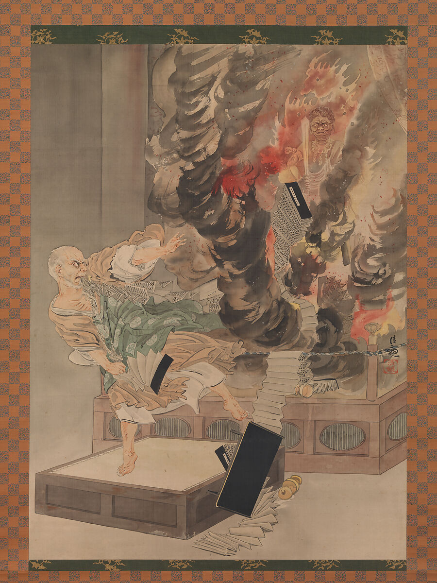 The Fury of Monk Raigō, Kobayashi Kiyochika (Japanese, 1847–1915), Hanging scroll; ink, color, and gold paint on silk, Japan 