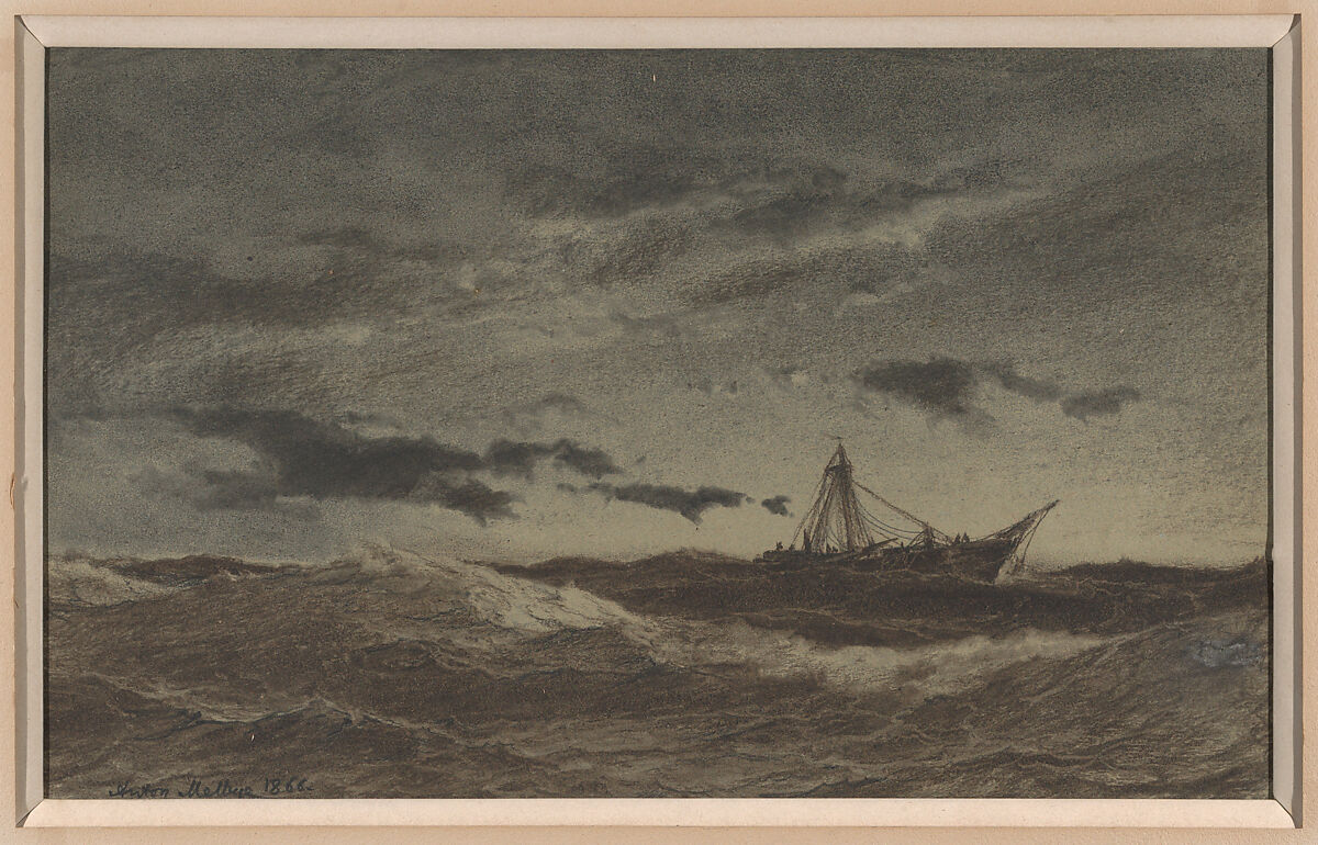 Fishing Boat at Sea, Anton Melbye  Danish, Charcoal, black chalk, and red chalk