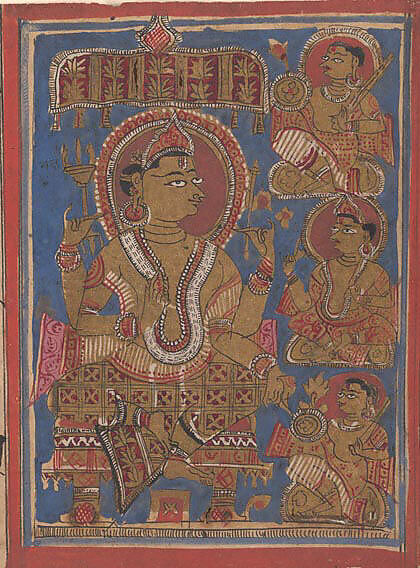 Shakra Enthroned, with a Deva and Generals: Folio from a Kalpasutra Manuscript, Ink, opaque watercolor, and gold on paper, India (Gujarat) 