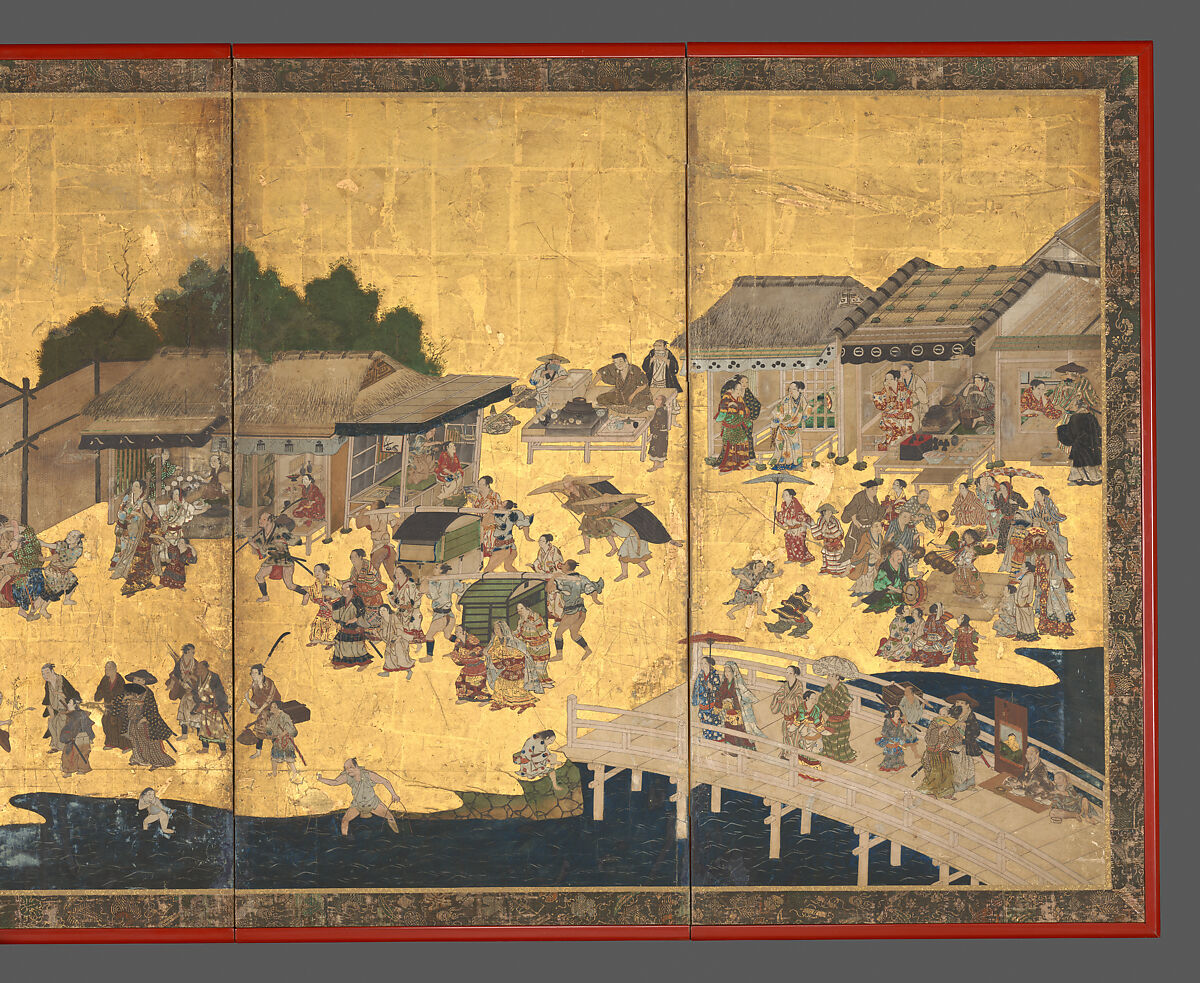 Women’s Kabuki, Studio of Kano Takanobu (Japanese, 1571–1618), Six-panel folding screen; ink, color, gold, silver, and gold leaf on paper, Japan