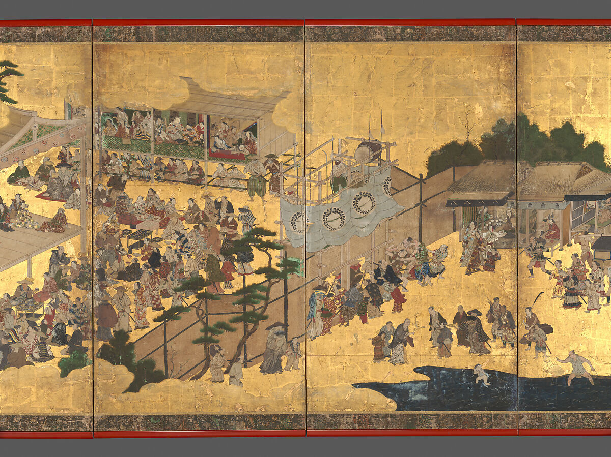 Women’s Kabuki, Studio of Kano Takanobu (Japanese, 1571–1618), Six-panel folding screen; ink, color, gold, silver, and gold leaf on paper, Japan