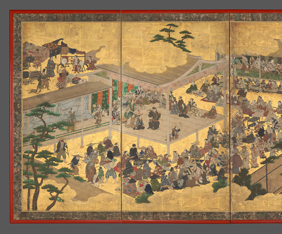 Women’s Kabuki, Studio of Kano Takanobu (Japanese, 1571–1618), Six-panel folding screen; ink, color, gold, silver, and gold leaf on paper, Japan