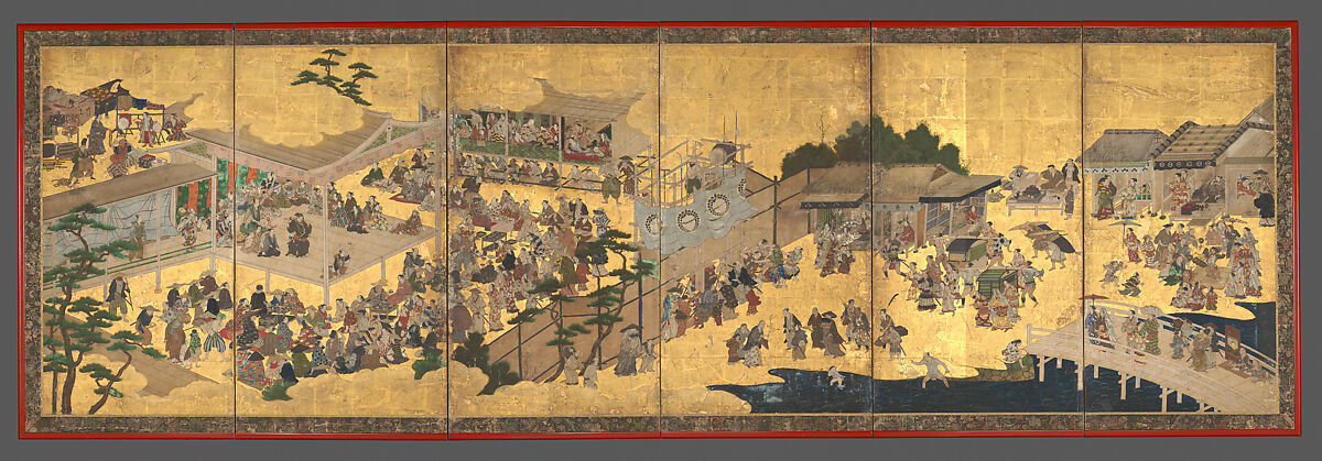 Women’s Kabuki, Kano Takanobu  Japanese, Six-panel folding screen; ink, color, gold, silver, and gold leaf on paper, Japan