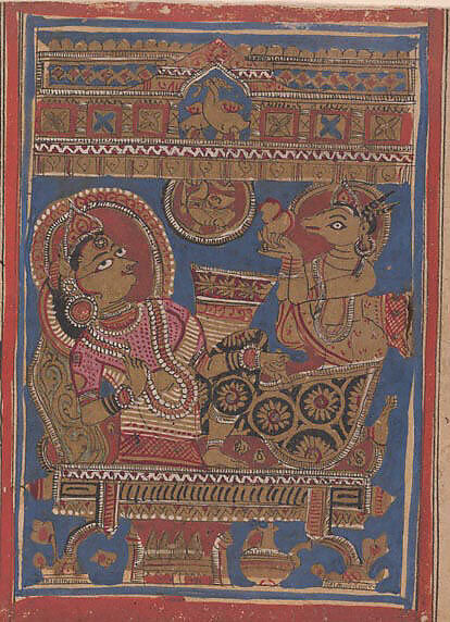 Harinaigamesin Brings the Embryo to Queen Trisala: Folio from a Kalpasutra Manuscript, Ink, opaque watercolor, and gold on paper, India (Gujarat) 