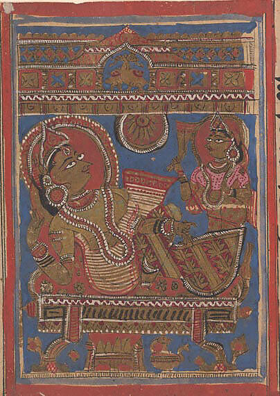 Trisala on Her Couch (left) / The Goddess Sri, One of the Fourteen Lucky Dreams (right); Page from a Dispersed Kalpa Sutra (Jain Book of Rituals), Ink, opaque watercolor, and gold on paper, India (Gujarat) 