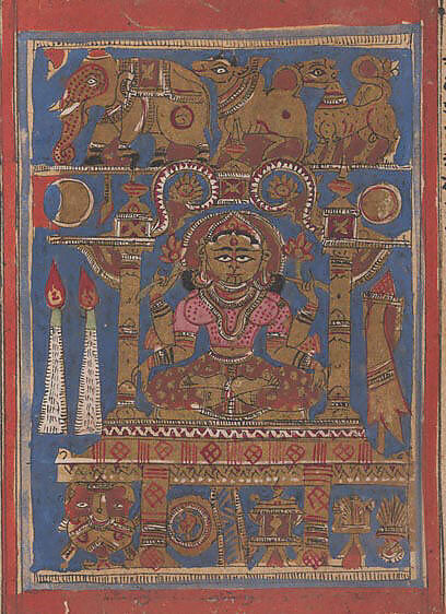 Trisala on Her Couch (left) / The Goddess Sri, One of the Fourteen Lucky Dreams (right); Page from a Dispersed Kalpa Sutra (Jain Book of Rituals), Ink, opaque watercolor, and gold on paper, India (Gujarat)
