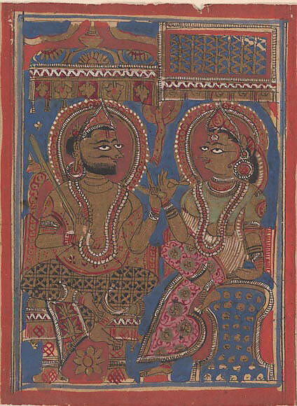 King Siddhartha Tells Queen Trisala the Meaning of the Fourteen Dreams (left) and The Interpretation of Dreams (right): Folio from a Kalpasutra Manuscript, Ink, opaque watercolor, and gold on paper, India (Gujarat) 