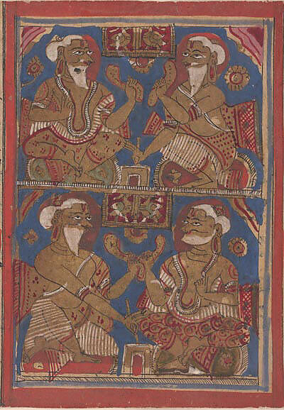 King Siddhartha Tells Queen Trisala the Meaning of the Fourteen Dreams (left) and The Interpretation of Dreams (right): Folio from a Kalpasutra Manuscript, Ink, opaque watercolor, and gold on paper, India (Gujarat)