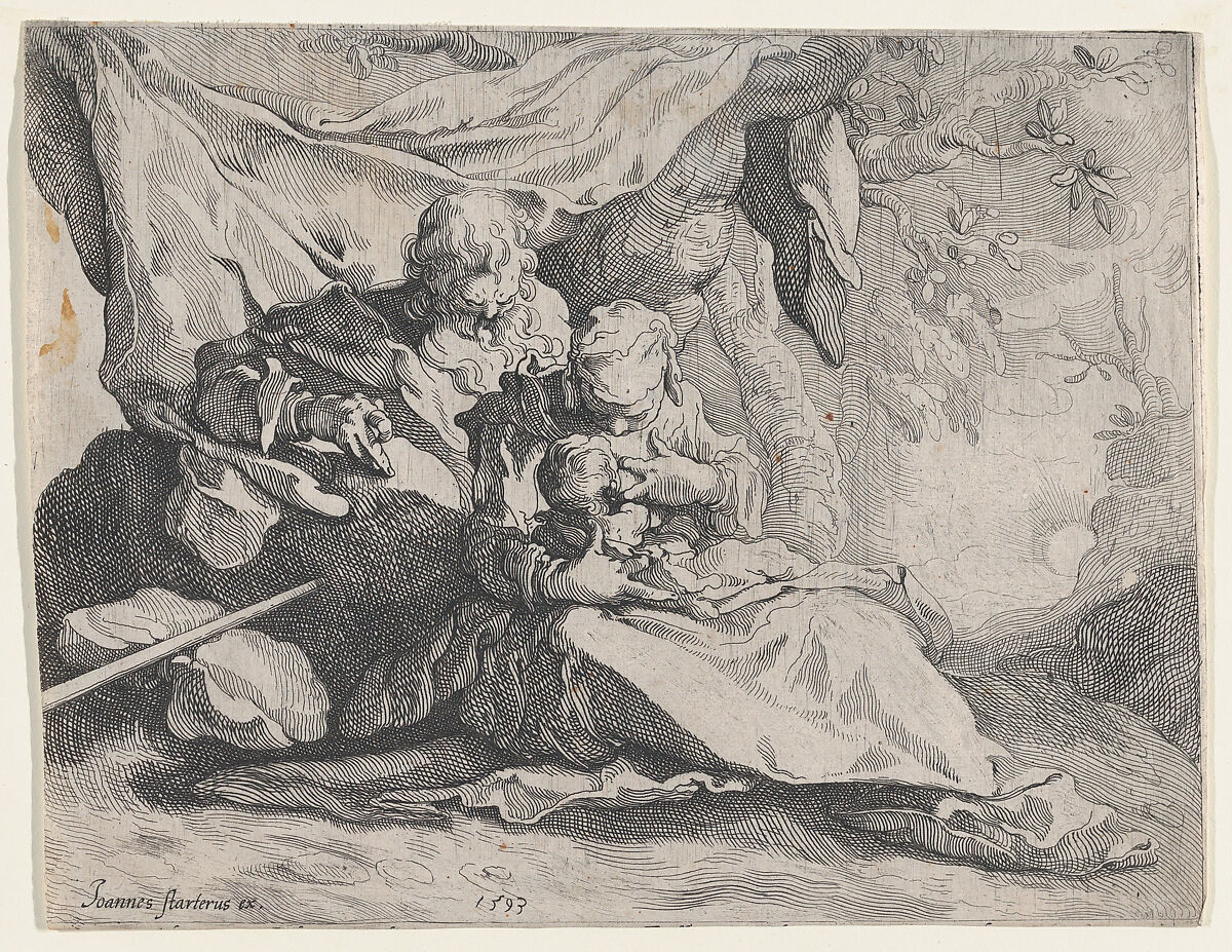 The Rest on the Flight into Egypt, Gerrit Pietersz. Sweelink (Netherlandish, Amsterdam 1566–before 1612 (?)), Etching; second state of two 