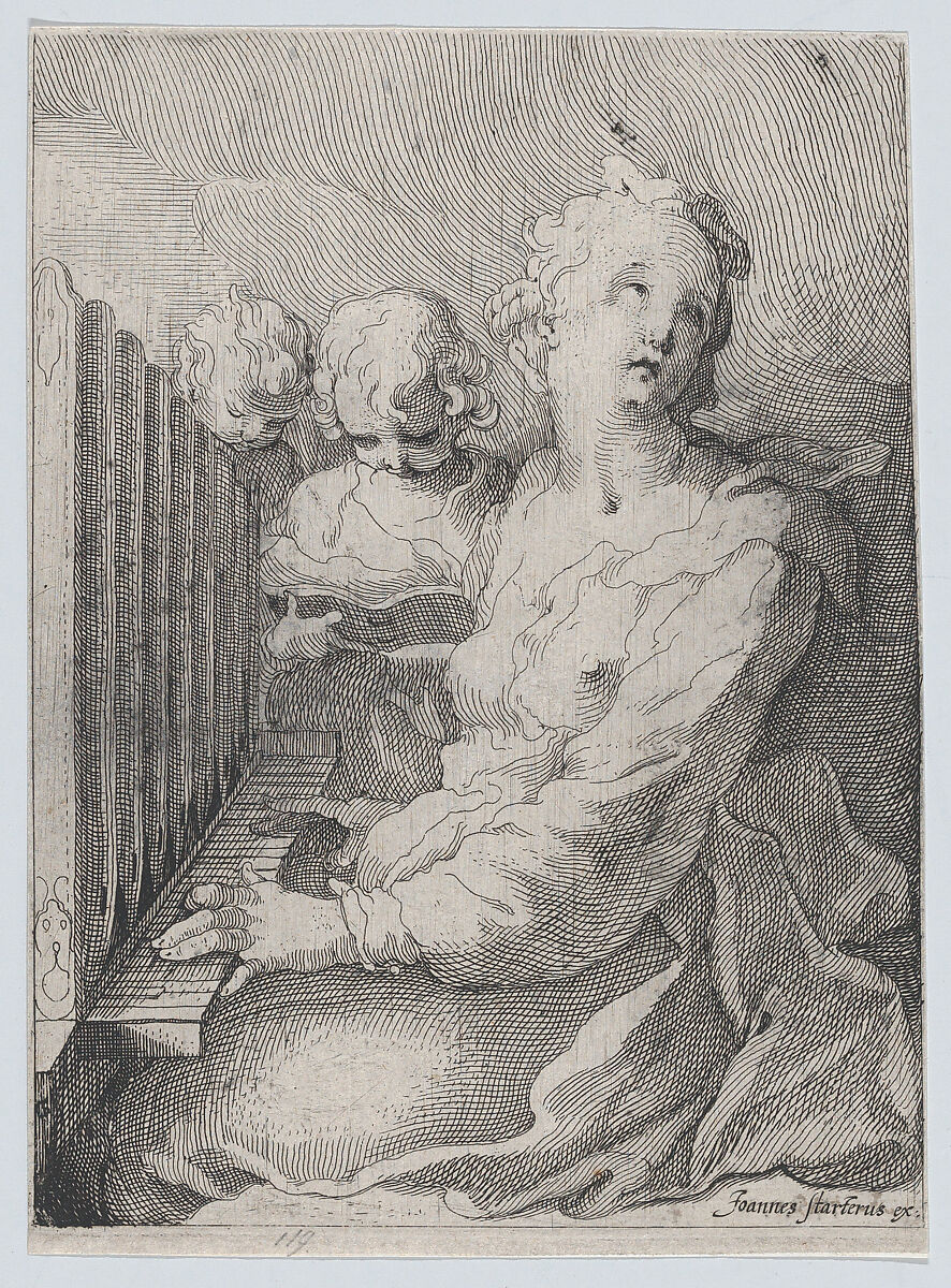 St. Cecilia, Playing the Organ, Gerrit Pietersz. Sweelink (Netherlandish, Amsterdam 1566–before 1612 (?)), Etching; second state of two 