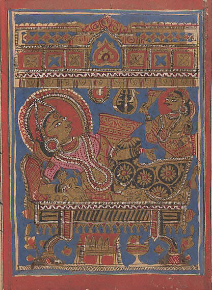Birth of Mahavira: Folio from a Kalpasutra Manuscript, Ink, opaque watercolor, and gold on paper, India (Gujarat) 