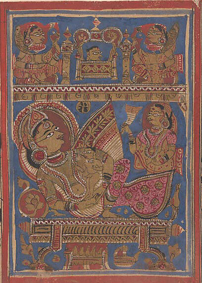 Queen Trisala Nursing the Newborn Mahavira: Folio from a Kalpasutra Manuscript, Ink, opaque watercolor, and gold on paper, India (Gujarat) 