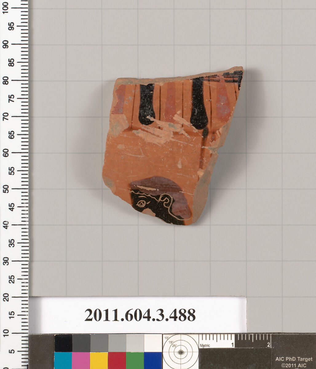 Terracotta fragment of a column-krater (bowl for mixing wine and water), Terracotta, Greek, Attic 