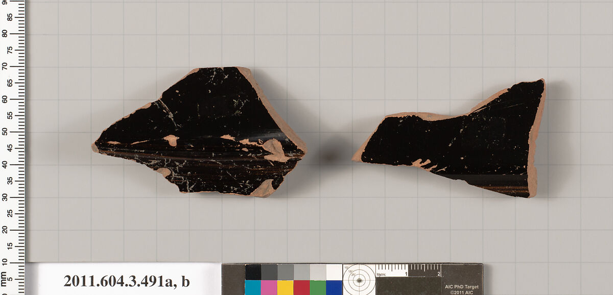 Terracotta fragments of a column-krater (bowl for mixing wine and water), Terracotta, Greek, Attic