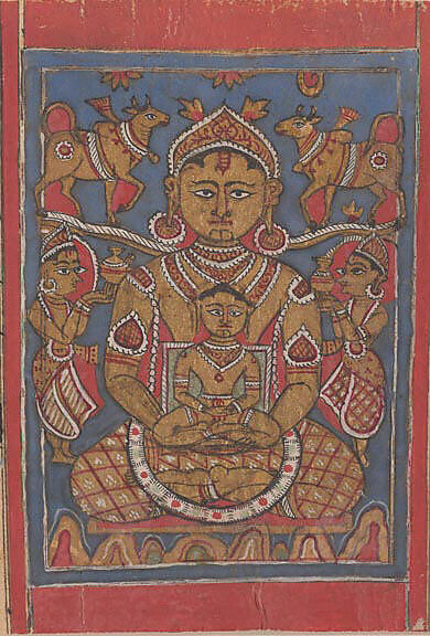 Mahavira's Lustration and Bath at Birth; Page from a Dispersed Kalpa Sutra (Jain Book of Rituals), Ink, opaque watercolor, and gold on paper, India (Gujarat) 