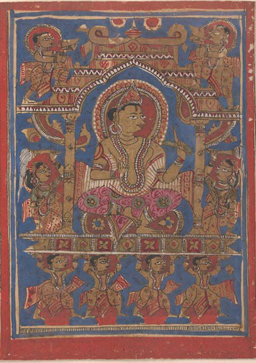 Mahavira Rides in His Initiation Palanquin: Folio from a Kalpasutra Manuscript, Ink, opaque watercolor, and gold on paper, India (Gujarat) 