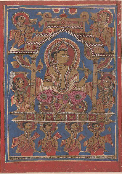 Mahavira Rides in His Initiation Palanquin: Folio from a Kalpasutra Manuscript, Ink, opaque watercolor, and gold on paper, India (Gujarat) 