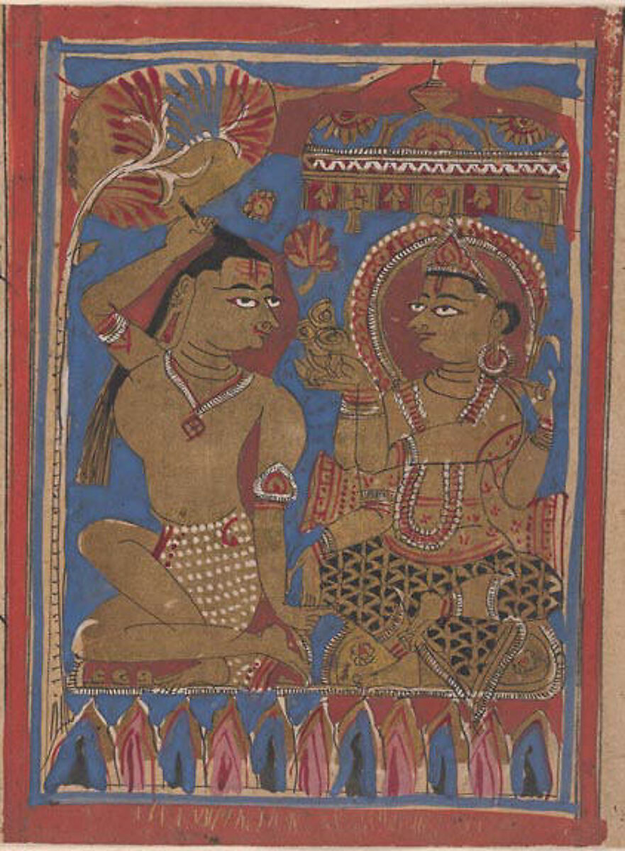 Mahavira Plucks Out His Hair: Folio from a Kalpasutra Manuscript, Ink, opaque watercolor, and gold on paper, India (Gujarat) 