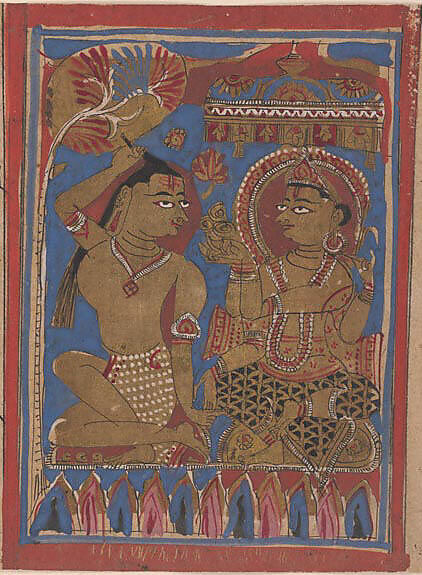 Mahavira Plucks Out His Hair: Folio from a Kalpasutra Manuscript, Ink, opaque watercolor, and gold on paper, India (Gujarat) 