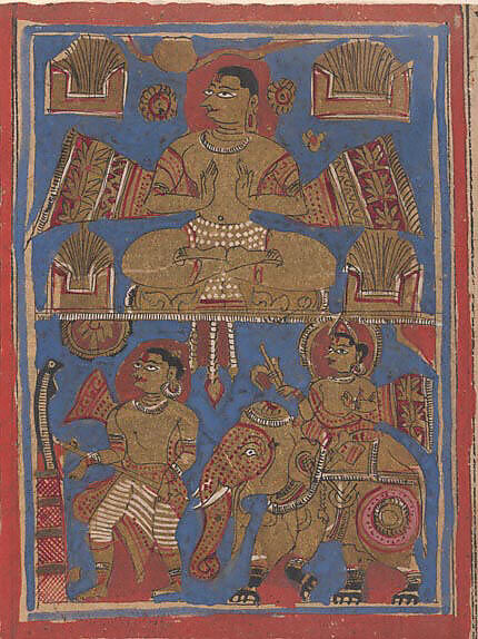 Kamatha Performing the Five Fire Penances (top) and Parsvanatha Rescuing the Snake Dharana (bottom): Folio from a Kalpasutra Manuscript, Ink, opaque watercolor, and gold on paper, India (Gujarat) 
