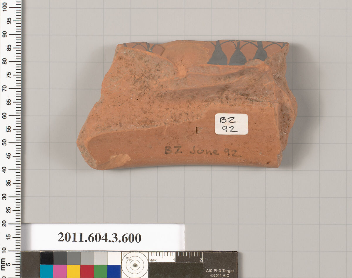 Terracotta fragment of a column-krater (bowl for mixing wine and water), Terracotta, Greek, Attic