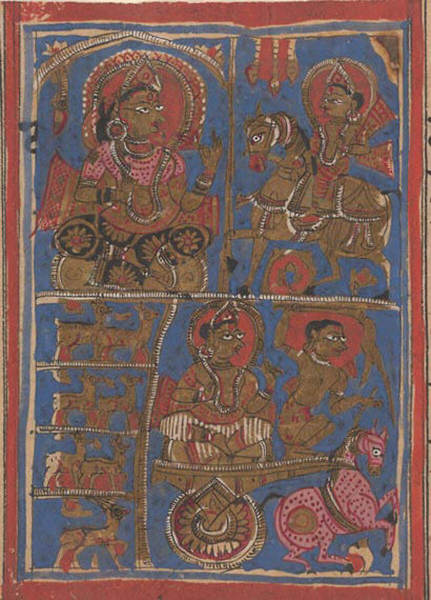 Aristanemi's Bridal Pavilion (top) and Witnessing Animals for Slaughter (bottom): Folio from a Kalpasutra Manuscript, Ink, opaque watercolor, and gold on paper, India (Gujarat) 