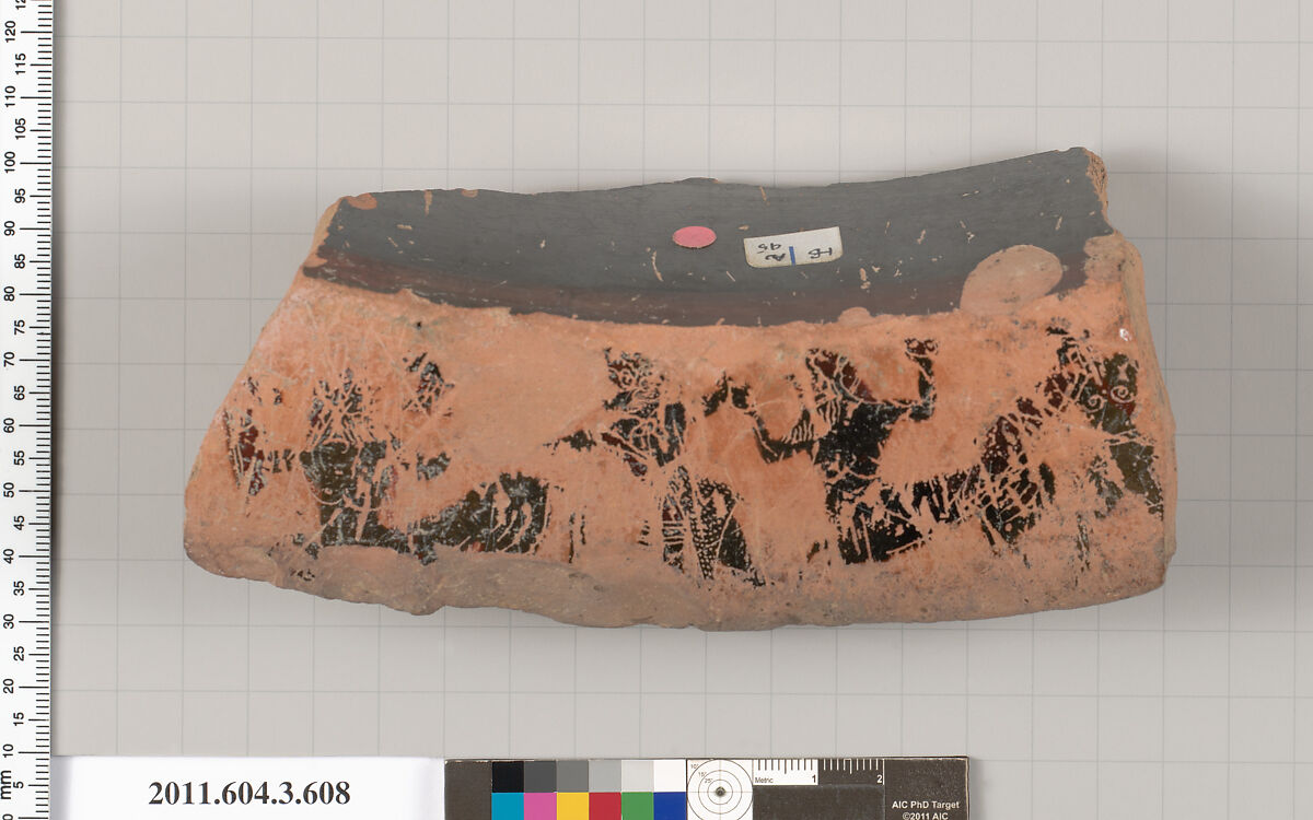 Terracotta fragment of a column-krater (bowl for mixing wine and water), Terracotta, Greek, Attic