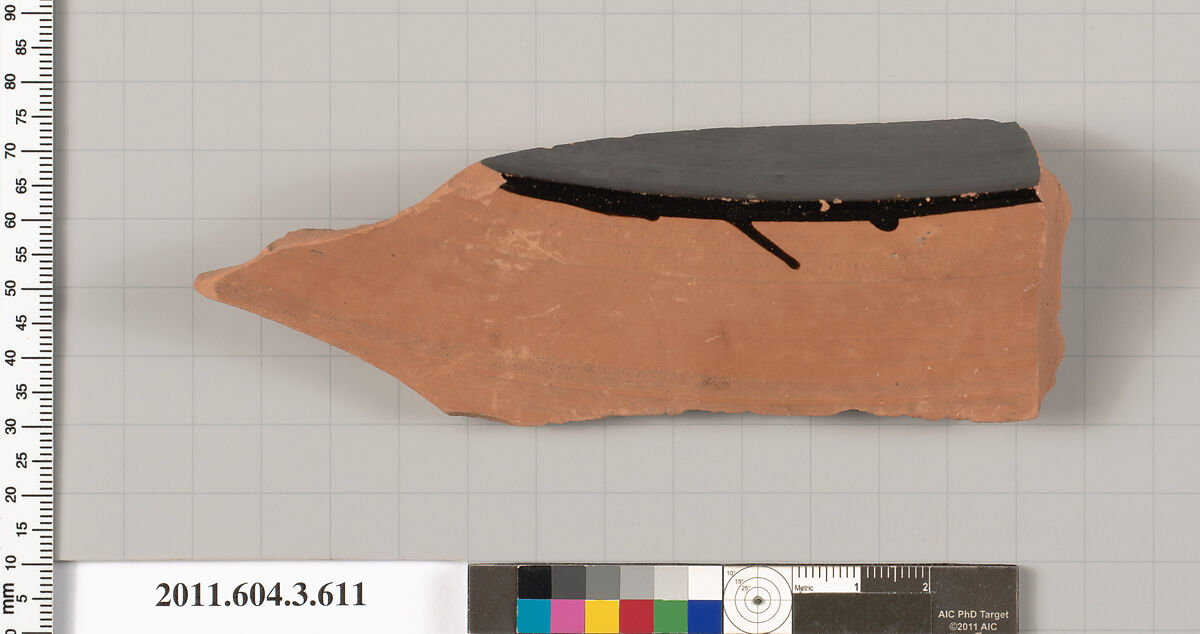 Terracotta fragment of a column-krater (bowl for mixing wine and water) or dinos (bowl for mixing wine and water), Terracotta, Greek, Attic