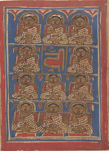 The Eleven Disciples (Ganadharas) of Mahavira: Folio from a Kalpasutra Manuscript, Ink, opaque watercolor, and gold on paper, India (Gujarat) 