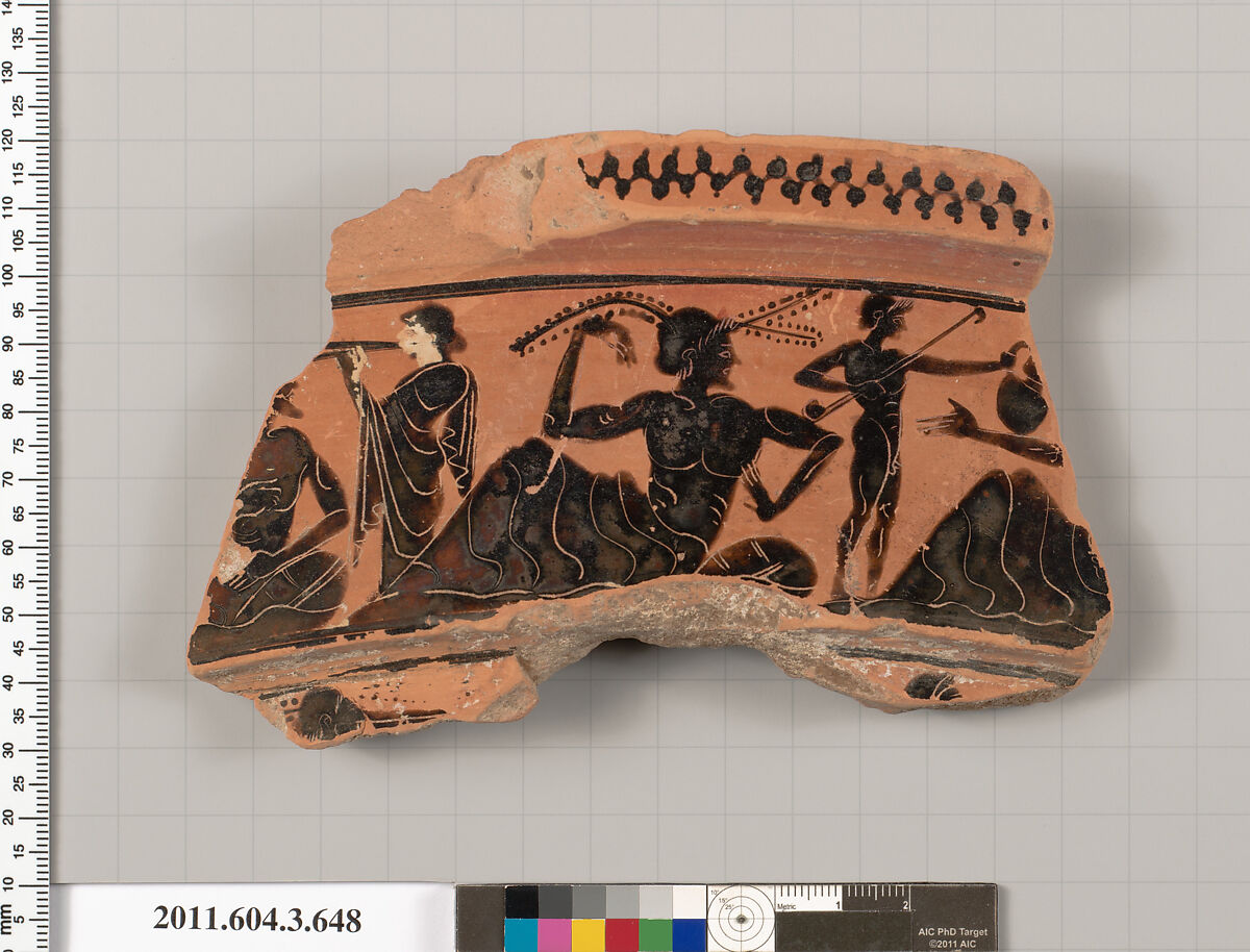 Terracotta fragment of a volute-krater (bowl for mixing wine and water), Attributed to the Theseus Painter [Jasper Gaunt], Terracotta, Greek, Attic 
