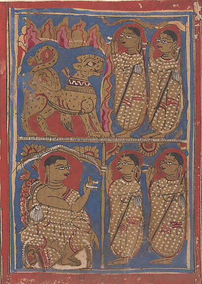 Sthulabhadra as a Lion in a Cave With His Sisters (top) / Sthulabhadra's Sisters Before Bhadrabahu (or Sthulabhadra) (bottom); Page from a Dispersed Kalpa Sutra (Jain Book of Rituals), Ink, opaque watercolor, and gold on paper, India (Gujarat) 