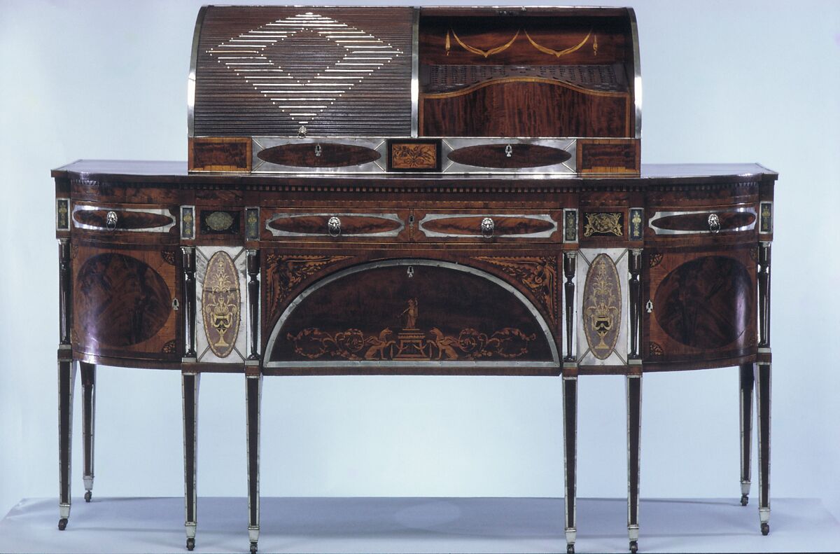 Sideboard, Mahogany, satinwood, silver, copper, verre églomisé with yellow poplar, white pine, mahogany, American