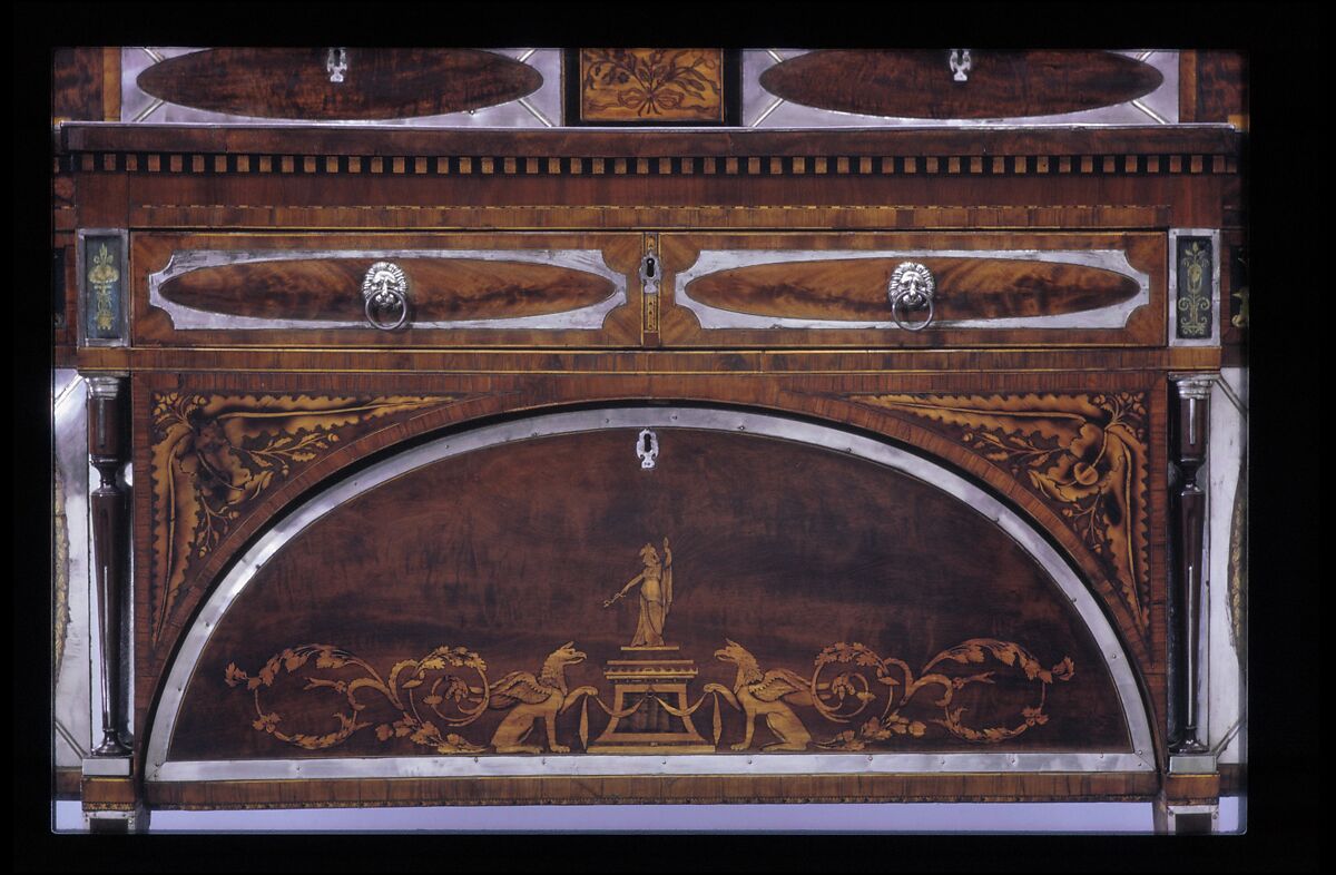 Sideboard, Mahogany, satinwood, silver, copper, verre églomisé with yellow poplar, white pine, mahogany, American