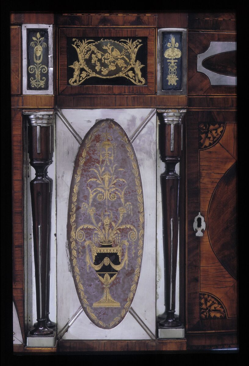 Sideboard, Mahogany, satinwood, silver, copper, verre églomisé with yellow poplar, white pine, mahogany, American